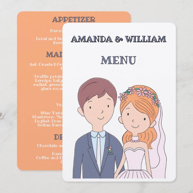 Menu Casamento de Ilustração Simples e De Cartoon-Iike (Frente/Verso)