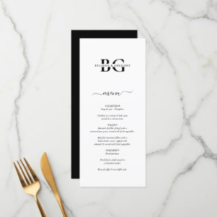 Menu Casamento de Iniciais de Monograma Branco e Preto 