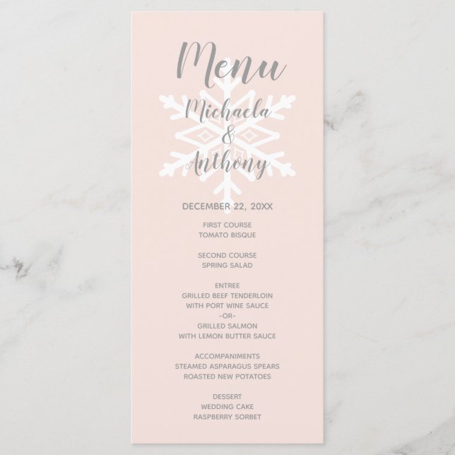 Menu Casamento de Inverno com Floco de Neve Rosa Claro (Frente)