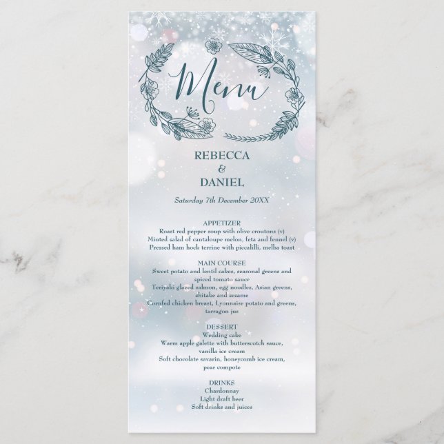 Menu Casamento de Inverno com Flocos de Neve e Florais  (Frente)