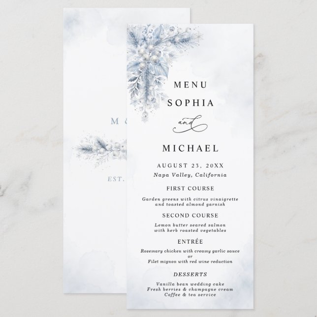 Menu Casamento de Inverno com Frutas Brancas Congeladas (Frente/Verso)