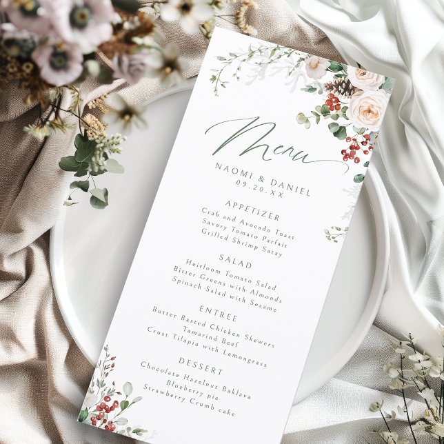 Menu Casamento de Inverno de Floral Festivo Elegante (Elegant Festive Floral Holiday Winter Wedding Menu)