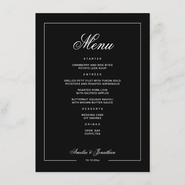Menu Casamento de Inverno Romântico Preto Elegante (Frente)