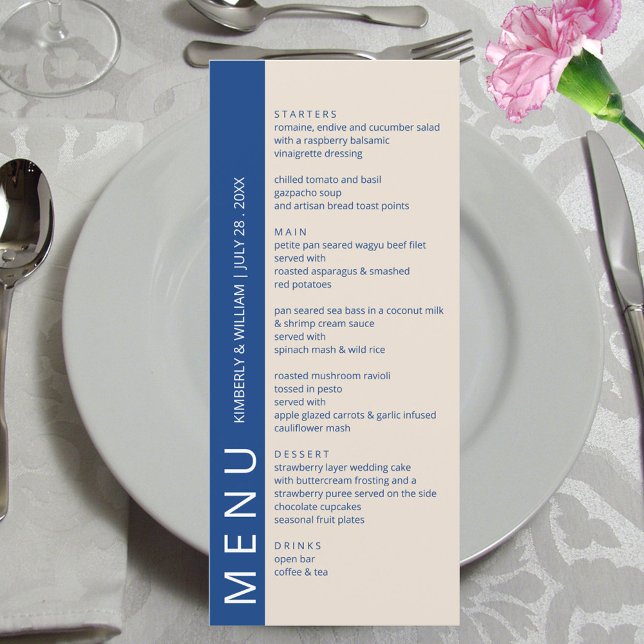 Menu Casamento de Janto de Ensaios Modernos de Marselha (Marseille Bleu Modern Wedding Menu Card - Custom Wedding Reception Rehearsal Dinner Menu)