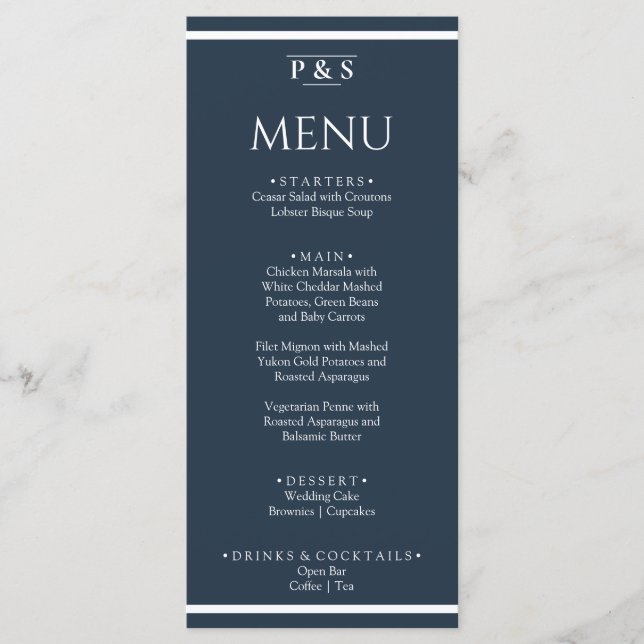 Menu Casamento de Janto de Monograma Mínimo Azul-Marinh (Frente)