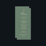Menu Casamento De Janto Do Jardim Boho Elegante Verde E<br><div class="desc">Elegante Menu de Casamento Verde e Minimalista Dourado Um rico elegante, um menu de janto de casamento de ouro clássico e chic verde. Isso mostra uma folha de ouro rustica de eucalipto e esmeralda verde, com nomes de marido e mulher e data. Em tipografia de guiões dourados. Personalize-o clicando no...</div>