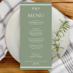 Menu Casamento de Janto Simples Monograma Verde da Eleg<br><div class="desc">Um marinho azul e branco,  elegante e elegante menu verde-janto de casamento. Que apresenta modelo de design de chic de fundo verde-sábio e tipografia branca. E monograma ou iniciais no topo e listras brancas no fundo e no topo.</div>