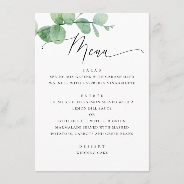 Menu Casamento de Jardim com Verde Eucalipto. Rascunho  (Frente)