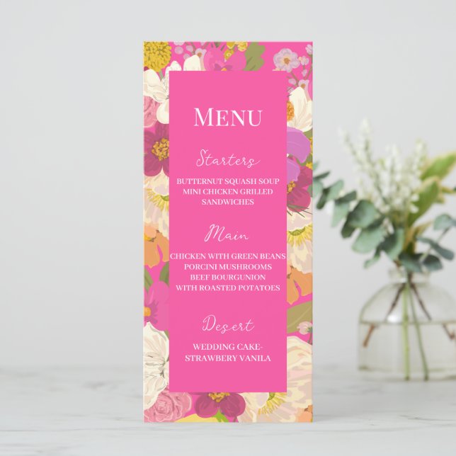 Menu Casamento de Jardim Floral de Verão Rosa (Em pé/Frente)