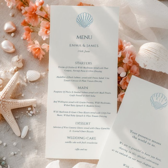 Menu Casamento de lado duplo de concha de mar azul eleg (Elegant Blue Seashell Ivory Double Side Wedding Menu)