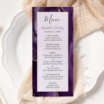 Menu Casamento de Lavanda de Agate Dourado Roxo Moderno<br><div class="desc">Este elegante e moderno menu de casamento mostra uma cor d'água roxa de fundo arredondada com brilho dourado. O texto aparece em letras elegantes de cinza de carvão vegetal e fontes em placas em um retângulo de lavanda em formato dourado. O design de ágata é repetido no reverso.</div>