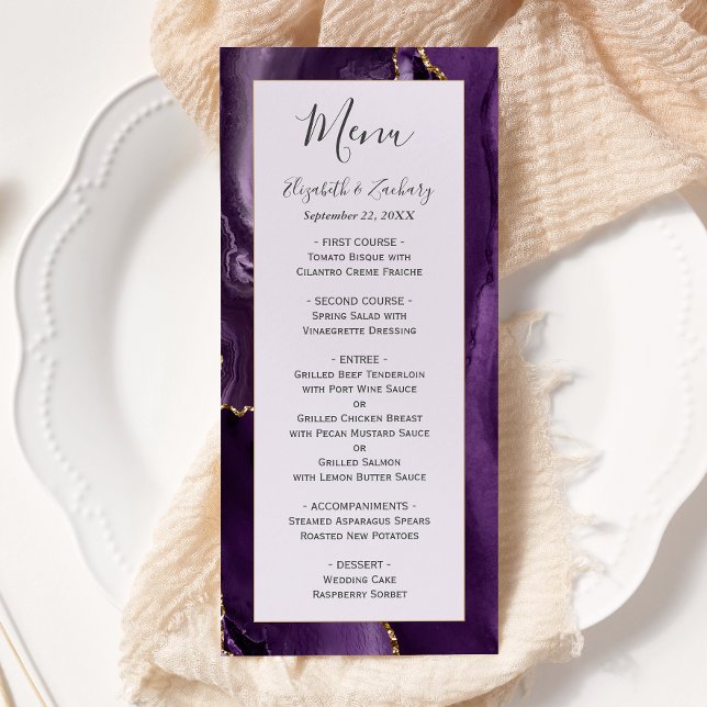 Menu Casamento de Lavanda de Agate Dourado Roxo Moderno (Criador carregado)