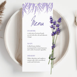 Menu Casamento de Lavanda de Aquarela de Caligrafia Ele