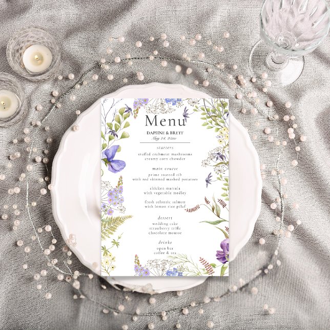 Menu Casamento de Lavandas e Sábios Selvagens Russos (Rustic Lavender & Sage Wildflowers White Wedding 
Program)