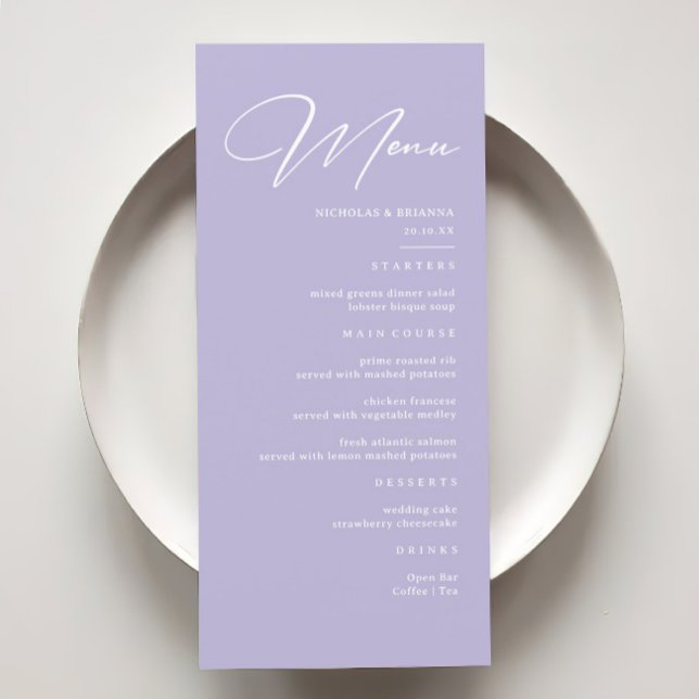 Menu Casamento de Lavandas Púrpura de Pastel Elegante (Criador carregado)