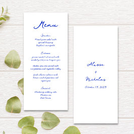 Menu Casamento de Letra Azul Moderno com Escrita Manual