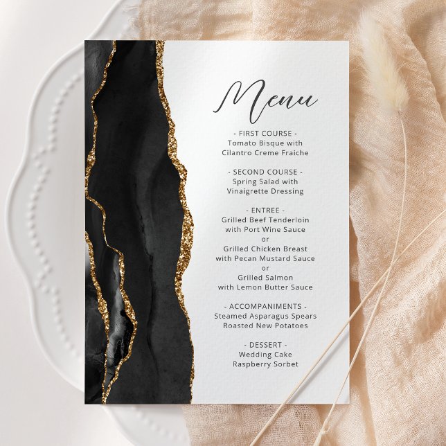 Menu Casamento de Letra Moderna Ágata Dourada Preta (Criador carregado)