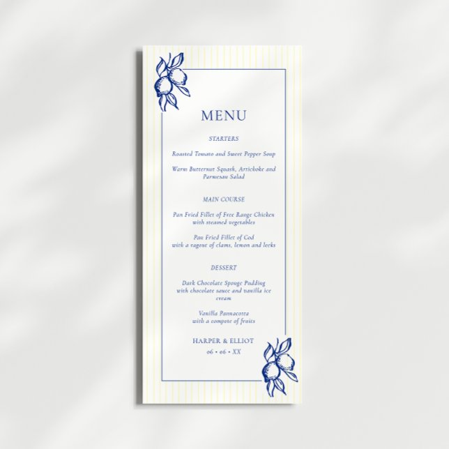 Menu Casamento de Limões Desenhados Simples Azul e Amar (Criador carregado)