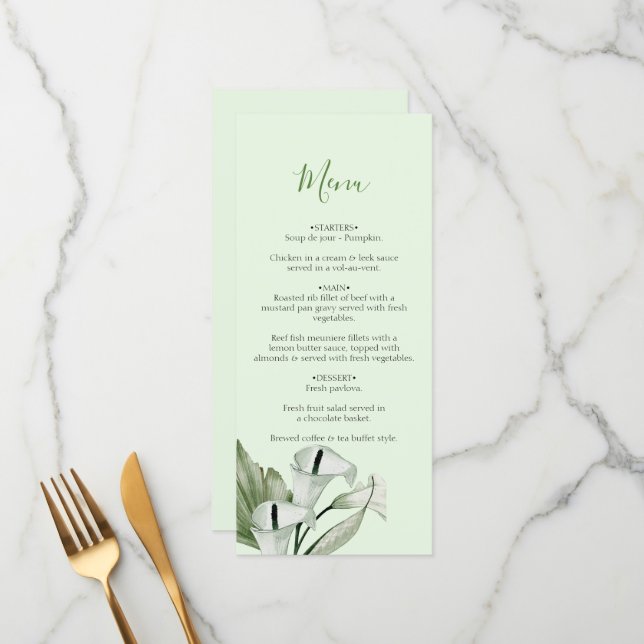 Menu Casamento de Lírios de Cala Brancos Elegantes Mode (Frente/Verso In Situ)