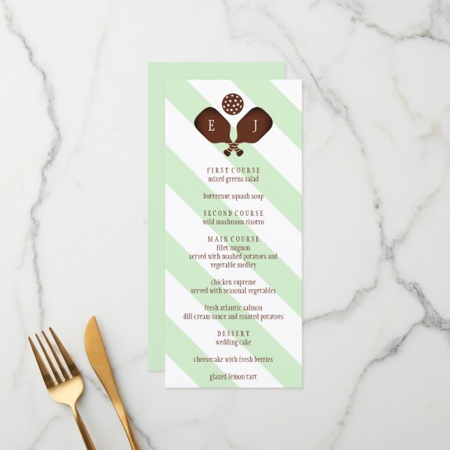 Menu Casamento de Listras de Pickleball Elegante (Frente/Verso In Situ)