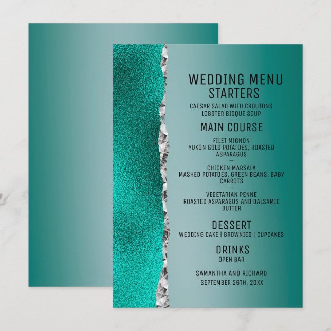 Menu Casamento De Lúpulo De Lúpulo Teal Turquoise Silve (Frente/Verso)