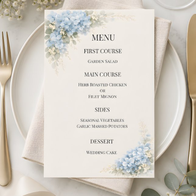 Menu Casamento de Luxo com Hortênsias Azuis Desbotadas (Part of the luxury dusty blue hydrangea wedding theme, menu card)