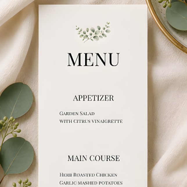 Menu Casamento de Luxo com Verde Eucalipto (Eucalyptus wedding themed menu for reception)
