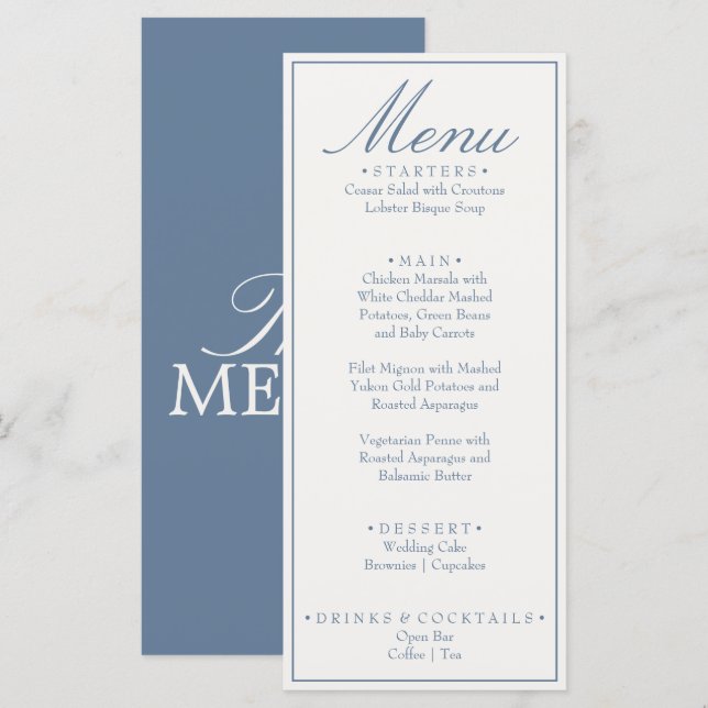 Menu Casamento de Luxo Fancy Azul e Branco Antigo (Frente/Verso)