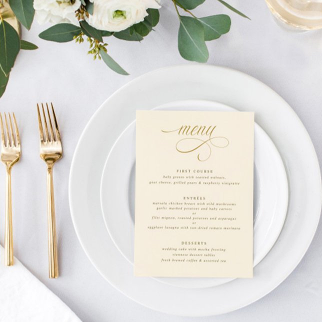 Menu Casamento de luxo para caligrafia Dourada Elegante (Elegant Gold and Cream Calligraphy Wedding Menu - Classy Sophisticated Luxury Script)
