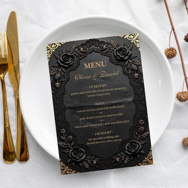 Menu Casamento de Luxo Preto com Renda Vitoriana Elegan (Criador carregado)