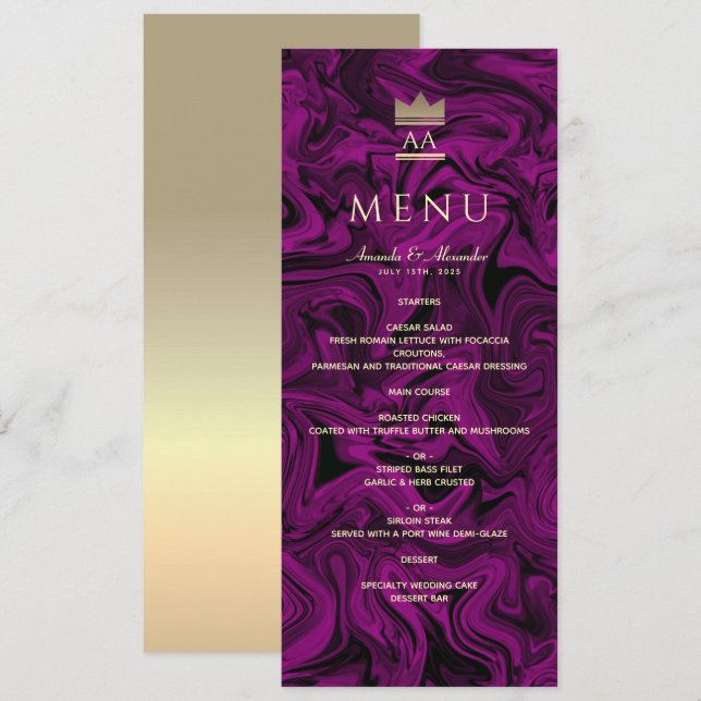 Menu Casamento de Luxo Roxo e Preto (Frente/Verso)