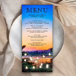 Menu Casamento de Luzes de Corda Solar de Praia Tropica<br><div class="desc">Menu elegante com tipografia moderna contra um fundo solar romântico.</div>