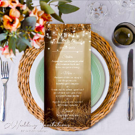 Menu Casamento de Luzes de Cordas de Árvore Rústica Chi