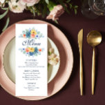 Menu Casamento de Macaron com Suculente Floral Elegante<br><div class="desc">Este design de cardápio apresenta flores elegantes e coloridas de aquarela em palha macia, azul, coral e amarelo com folhas verdes sobre fundo branco com o seu menu personalizado abaixo. O texto pode ser personalizado editando as caixas de texto. A cor no verso do menu pode ser alterada no editor....</div>
