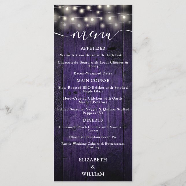 Menu Casamento de Madeira com Luzes Rústicas Roxas (Frente)