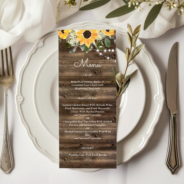 Menu Casamento de madeira Eucalyptus Rustic Sunflower (Criador carregado)