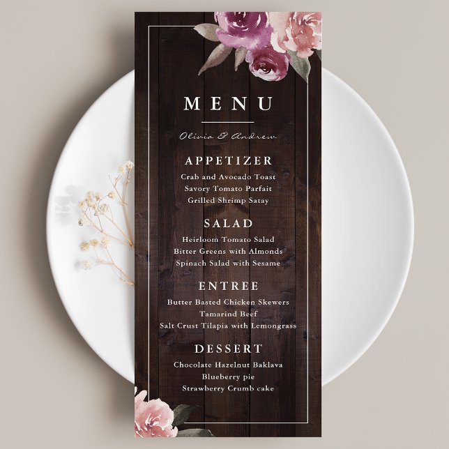 Menu Casamento de madeiras rústicas florais e de amora (Mauve purple & mulberry floral rustic wood wedding menu)