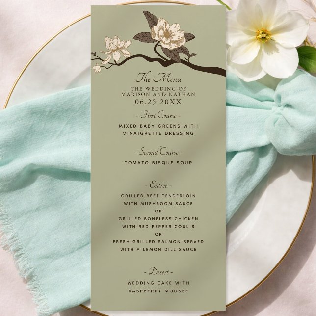 Menu Casamento de Magnólia Vintage Oliva Elegante (Criador carregado)