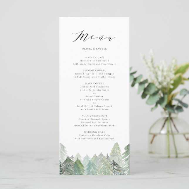 Menu Casamento de Manuscrito de Floresta Evergreen com  (Em pé/Frente)