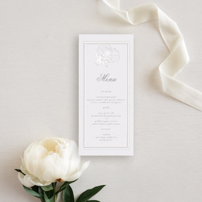 Menu Casamento de Marfim Clássico Moderno de Peony (peony wedding menu formal modern classic traditional calligraphy double frame faux embossed ivory)