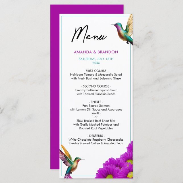 Menu Casamento de Margaridas Roxas Coloridas (Frente/Verso)