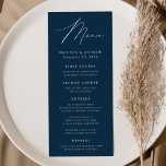 Menu Casamento de Marinho de Elegância Moderna<br><div class="desc">Menu de casamento simples e elegante com "Menu" exibido em um roteiro branco moderno com fundo de marinho ou cor de sua escolha. Personalize o menu de casamento do marinho adicionando seus nomes, data de casamento e informações do menu. Projetado para coordenar com a nossa coleção de casamento do Modern...</div>