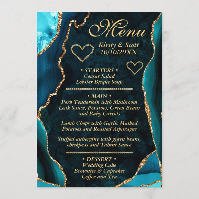 Menu Casamento de Mármore Ágata Brilhante Turquesa e Do (Frente)