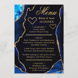 Menu Casamento de Mármore Ágata Brilho Azul e Dourado