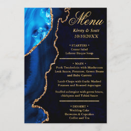 Menu Casamento de Mármore Ágata Brilho Azul e Dourado