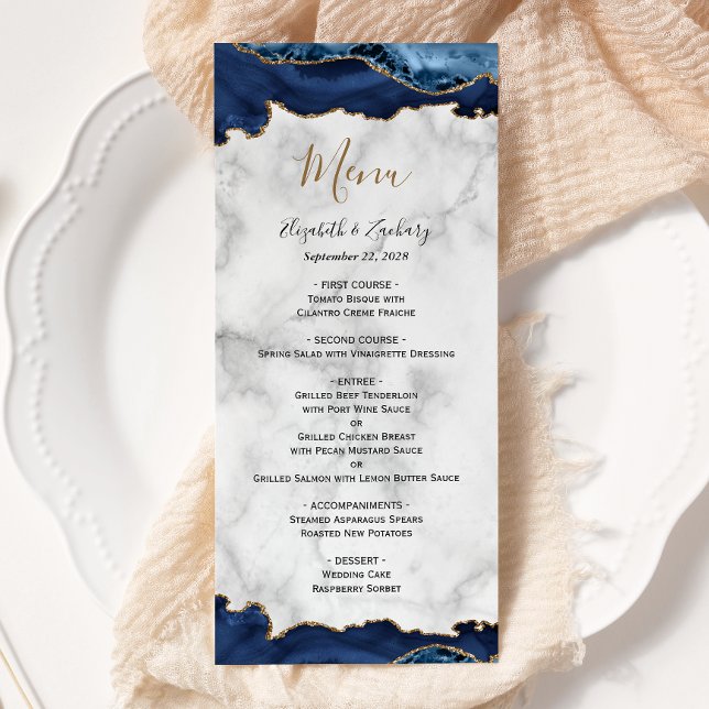 Menu Casamento de mármore azul-Dourado do Agate Elegant (Criador carregado)