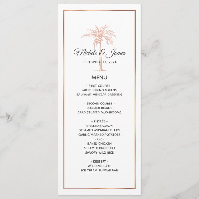 Menu Casamento de Mármore Branco com Palmeira em Cobre  (Frente)