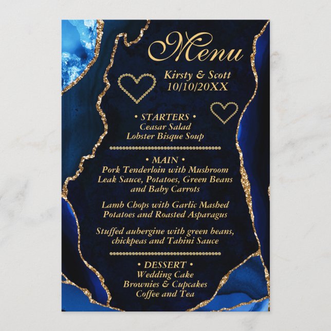 Menu Casamento de Mármore de Ágata com Brilho Azul Médi (Frente)