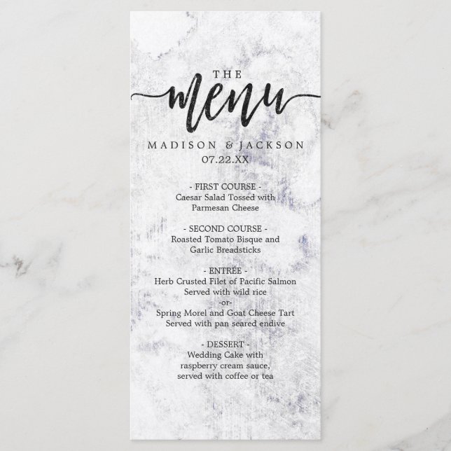 Menu Casamento de Mármore de Cinza e Branco Chic (Frente)