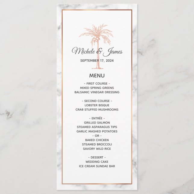 Menu Casamento de Mármore de Palmeira de Cobre Dourado  (Frente)